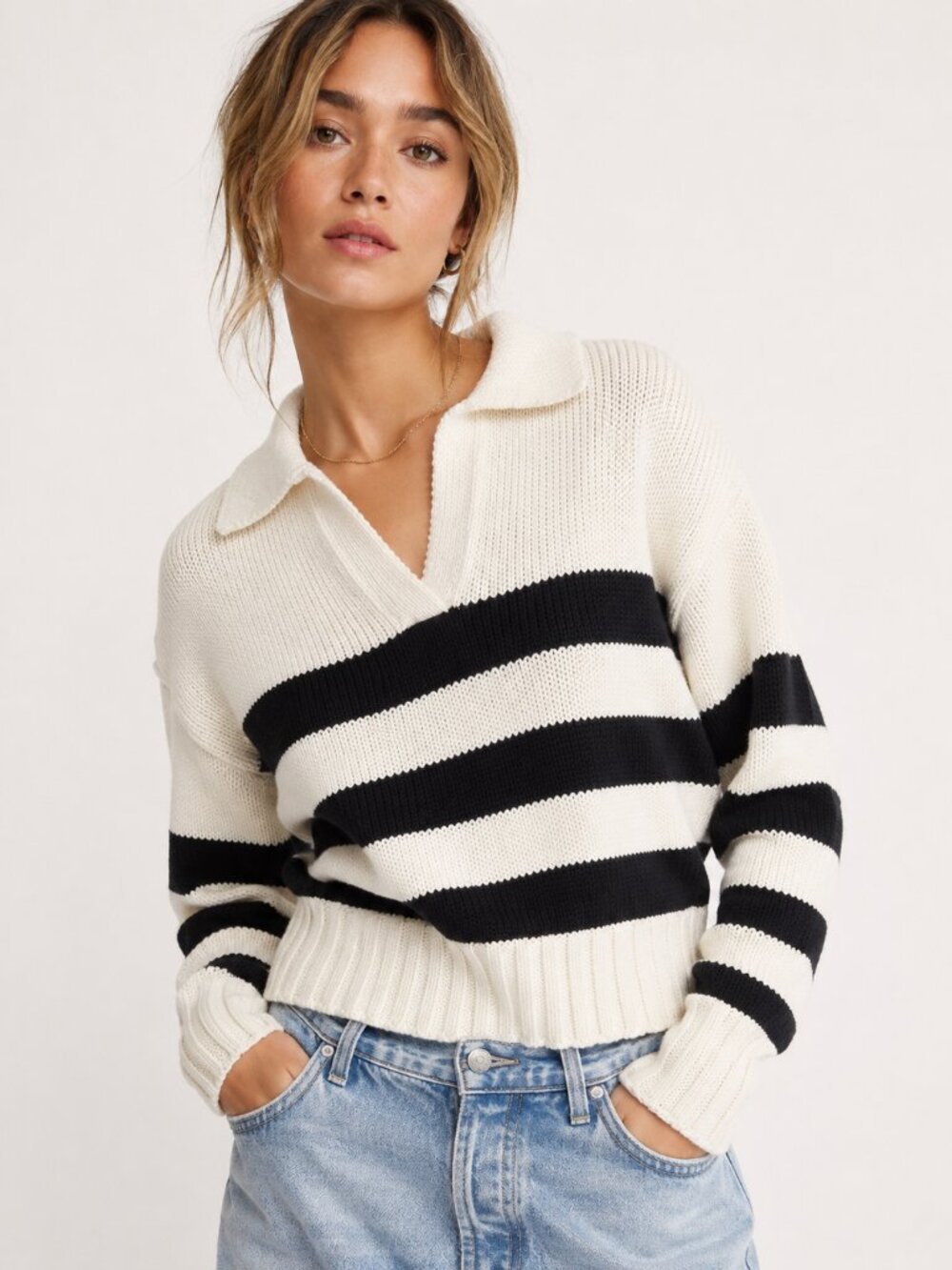 Quince Organic Cotton Cropped Polo Sweater Offwhite Black Stripe Size Medium